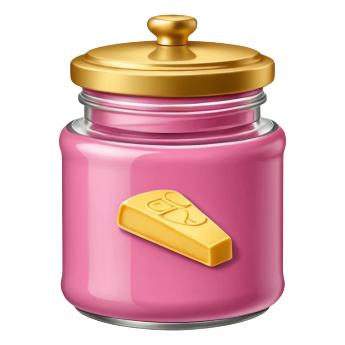 Una miniatura fotorrealista de un tarro de mantequilla corporal elegante, con una tapa dorada brillante. Una sola moneda de oro, pequeña y sutil, reposa al lado del tarro. Iluminación suave de estudio. Colores: rosa, terracota y dorado. Estilo: lujo en miniatura. sticker