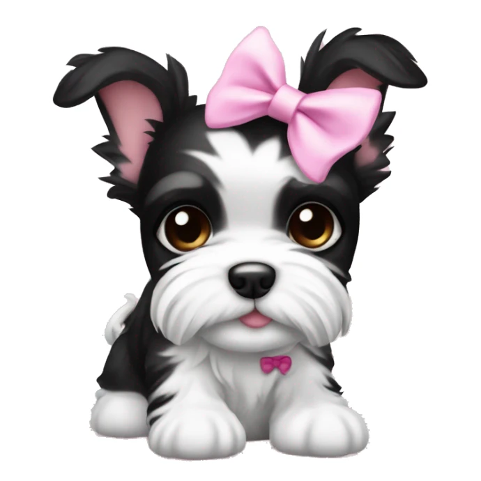 Black and white Biewer Terrier puppy with pink bow between ears  sticker
