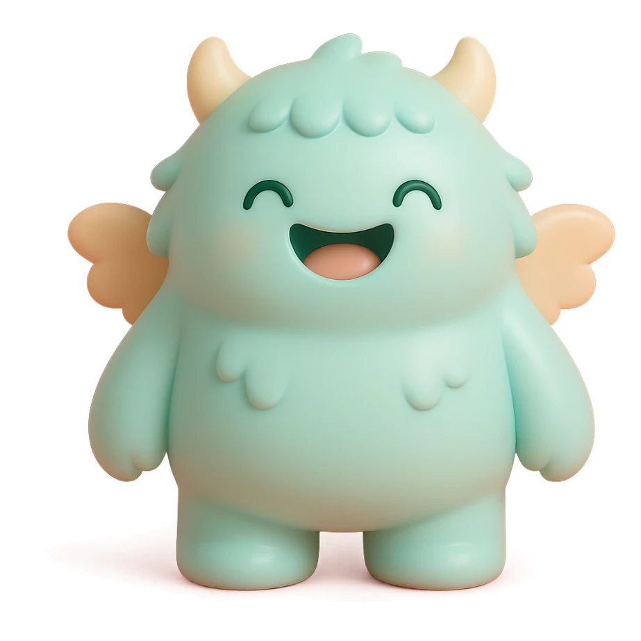 adorable monster with fluffy fur, tiny wings, happy expression, soft color palette sticker