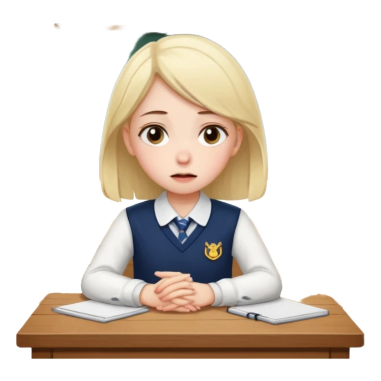 an anxious girl in school uniform sitting in front of a table  sticker
