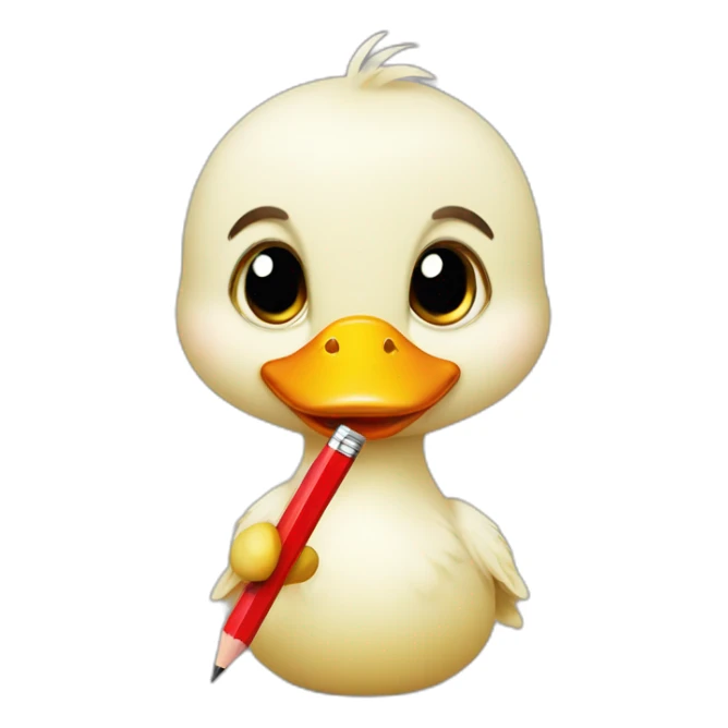 a baby duck holding a red pencil sticker