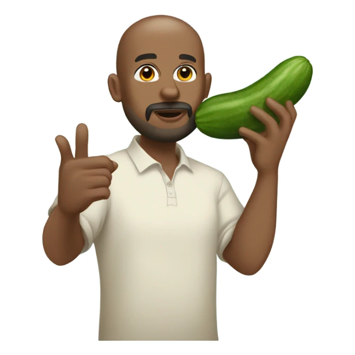 A bald, Black man with a beard and goatee blowing a kiss while holding a cucumber. sticker