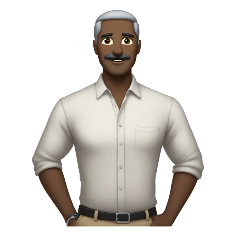 a white man standing  with blue eyes a thick dark brown and grey moustache, down turned black eyebrows and then dark grey hair he’s wearing an expensive watch and a white shirt and black dressy pants with beige loafers he’s looking at her smiling”  sticker