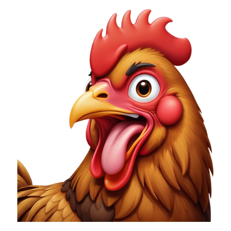 Cinematic Cute Yawning Brown Rooster Portrait Emoji, Head tilted slightly with a dramatic, wide-open yawn, showcasing a soft, downy brown plumage with a subtle red comb and drooping wings, round warm eyes barely open in drowsy contentment, Simplified yet irresistibly adorable features, highly detailed, glowing with a soft, cozy glow, high shine, relaxed yet expressive, stylized with a touch of whimsy, bright and endearing, soft glowing outline, capturing the essence of a sleepy yet affectionate rooster, so drowsy it feels like it could stretch out of the screen and curl up for a nap! sticker