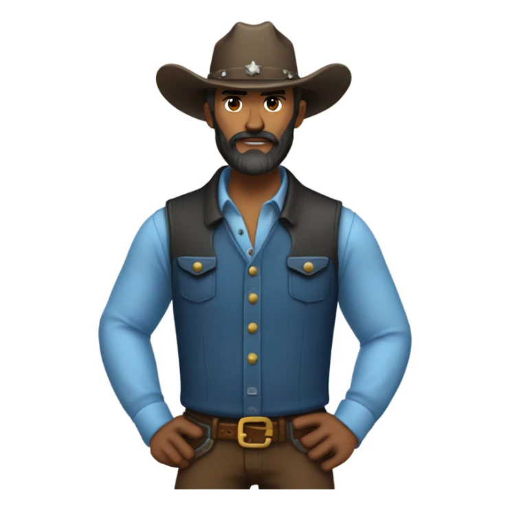 a rugged cowboy with a thick beard, wearing a blue vest over a classic western shirt. He should have a confident stance, showing full torso sticker