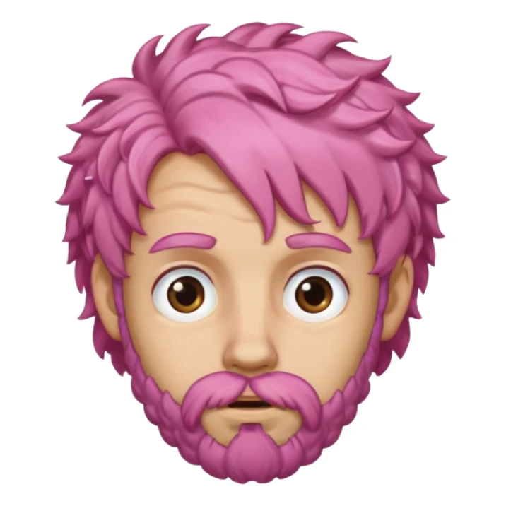 A light-skinned man with moderately curly pink hair, brown eyes, a brown beard, and a slightly uneasy expression. sticker