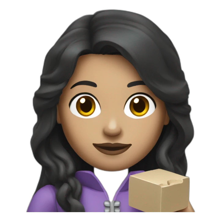 A woman dark hair, long hair, holding a Lego   sticker