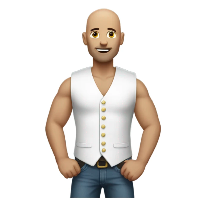 Bald man in white vest making X with arms sticker
