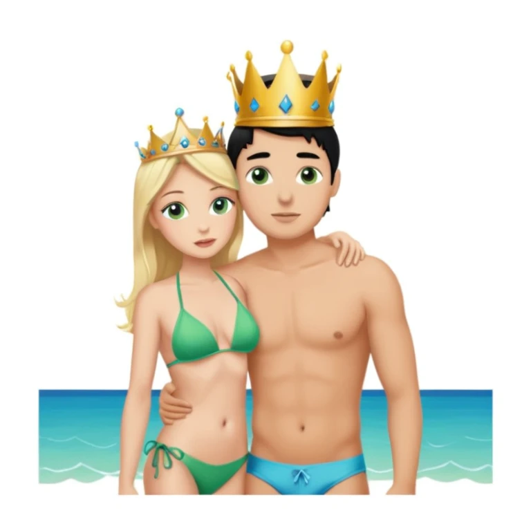 Blonde princess with crown Green eyes in Bikini kissing Male subject without crown black hair blue eyes Background living room  sticker