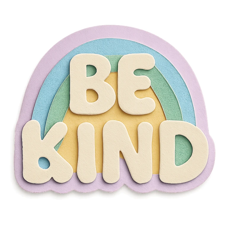 Soft pastel rainbow "Be Kind" hand-lettered, whimsical bubbly font, cute sticker, high resolution, transparent background sticker