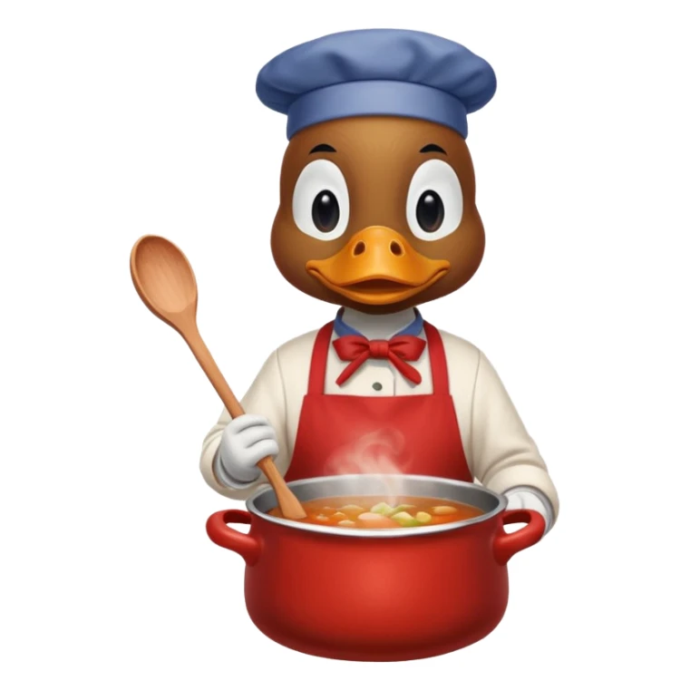 A duck wearing red apron stirring soup in a small pot, looking very focused. sticker