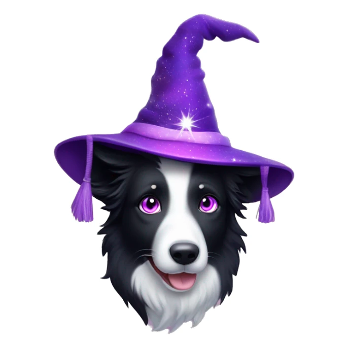 Border Collie with rainbow-coloured eyes wearing a purple velvet wizard hat covered with tiny, sparkling, silver stars. sticker