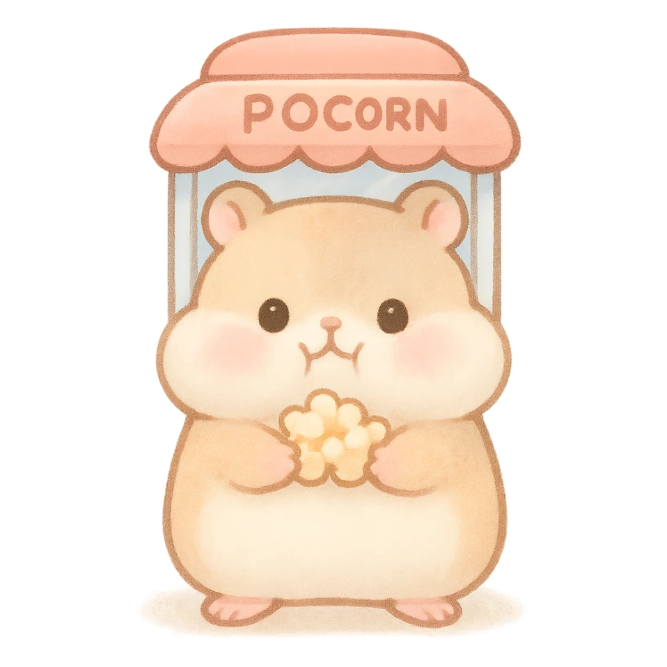 kawaii popcorn machine soft fluffy hamster with puffed cheeks, holding popcorn, soft pastel colors, full-body sticker