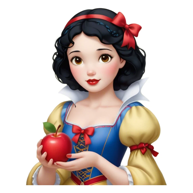 Cinematic Realistic Snow White Portrait, depicted with lifelike skin texture, soft natural lighting, and intricately detailed black hair styled with a red ribbon. Her soft brown eyes radiate innocence and kindness, complemented by a warm, gentle smile. She holds an apple in one hand, her other hand resting against her cheek, embodying her purity and charm. She is dressed in her classic yellow, blue, and red gown, the fabric rich in texture with delicate folds that catch the light beautifully. The portrait features a soft, natural glow with a radiant finish, capturing the essence of timeless beauty in a realistic and painterly style. sticker