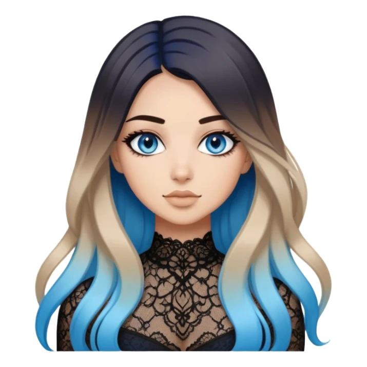 Beautiful Buxom-pawg-laying-posing-bending-sfw-deep blue eyes-straight long brunette to sky blue ombre hair-big juicy booty, wearing black lace, sfw sticker