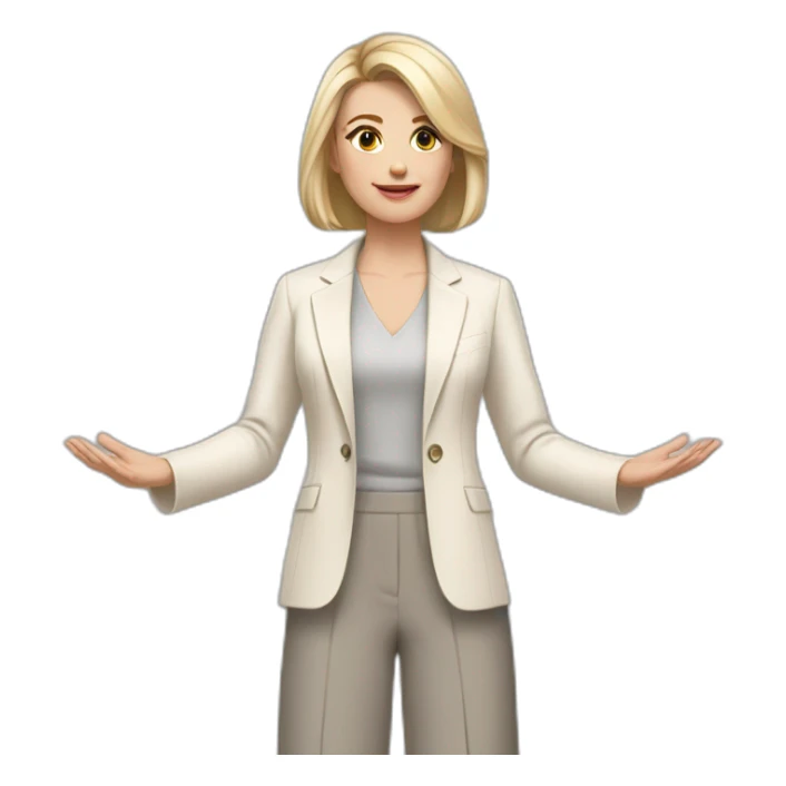 Full height Actively gesturing with hands pale skin woman with ash blonde Straightened bob Hair, White Spacious classical jacket, beige palazzo Arrow pants and gray blouse sticker