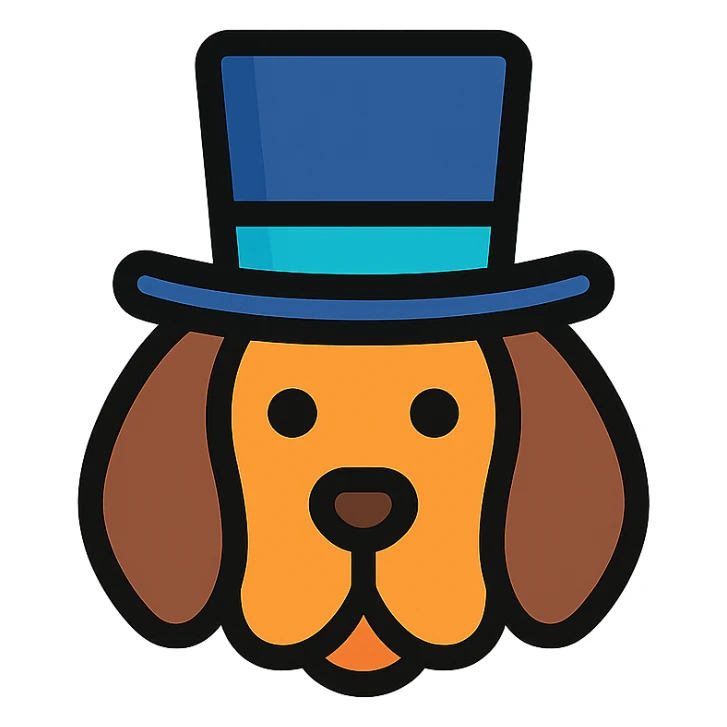 dog wearing a tophat, color outline icon style sticker