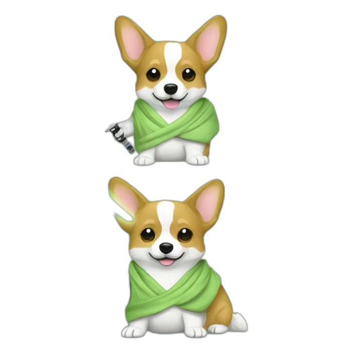 Corgi dress as yoda with one light saber green sticker