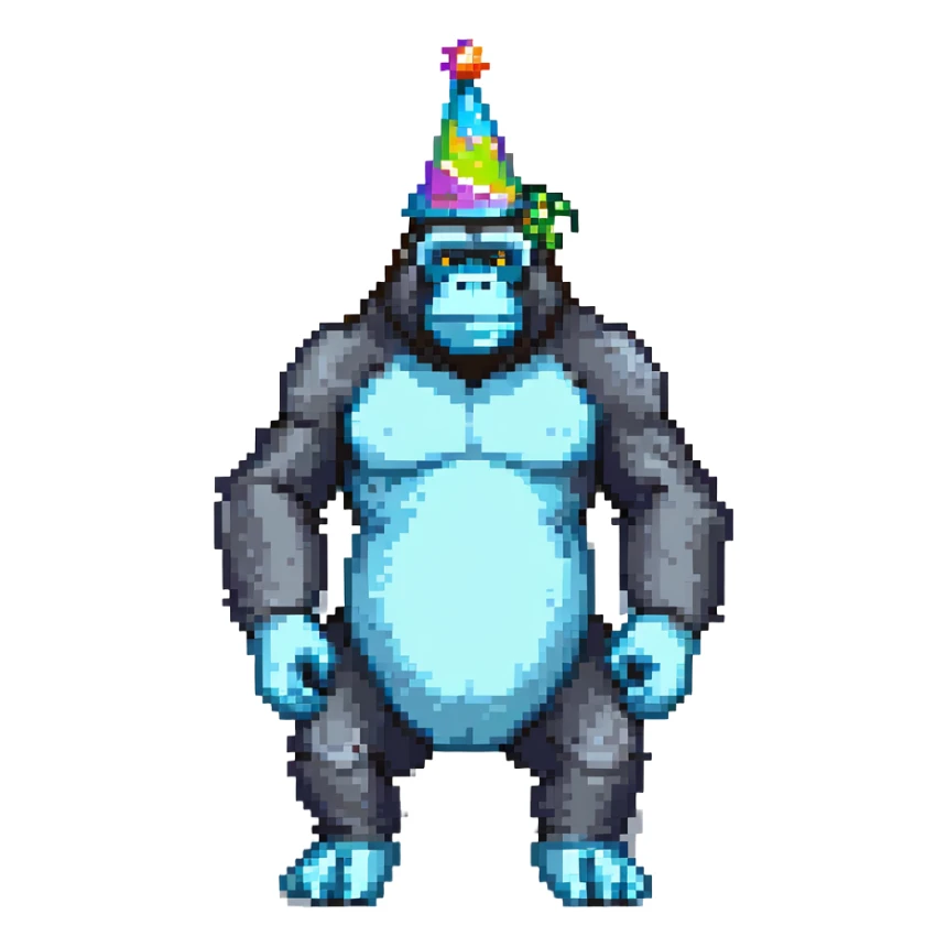 cyan gorilla with no legs and a party hat sticker