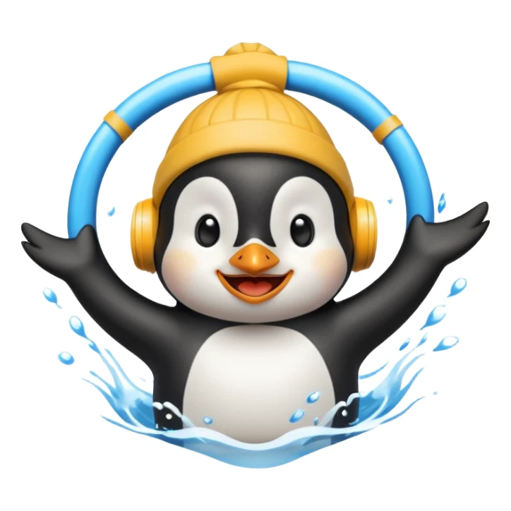 A cheerful penguin swimmer in swim cap, doing a playful backstroke with water rings popping around.
 sticker