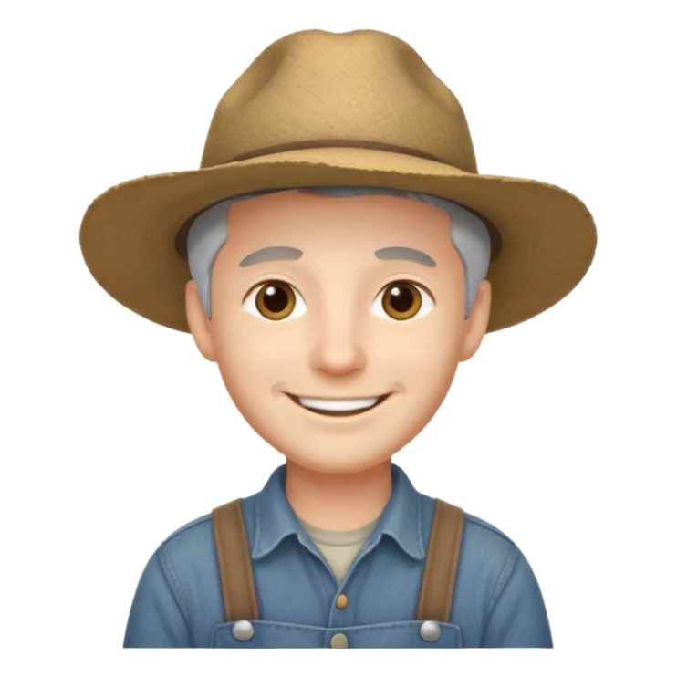 smiling young man with gray hair and a wide-brimmed farmer hat sticker
