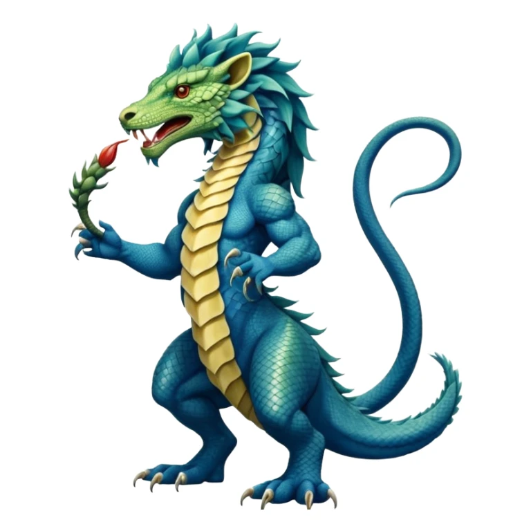 Mušḫuššu, blue scaled serpentine body, lion mane, front lion forelegs, back eagle hind legs, long neck, horned dragon head, lizard tail, snake tongue, no wings, ancient, divine sticker