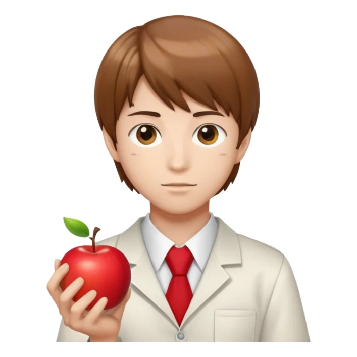 Light Yagami holding a red apple, brown hair, wearing a school uniform sticker