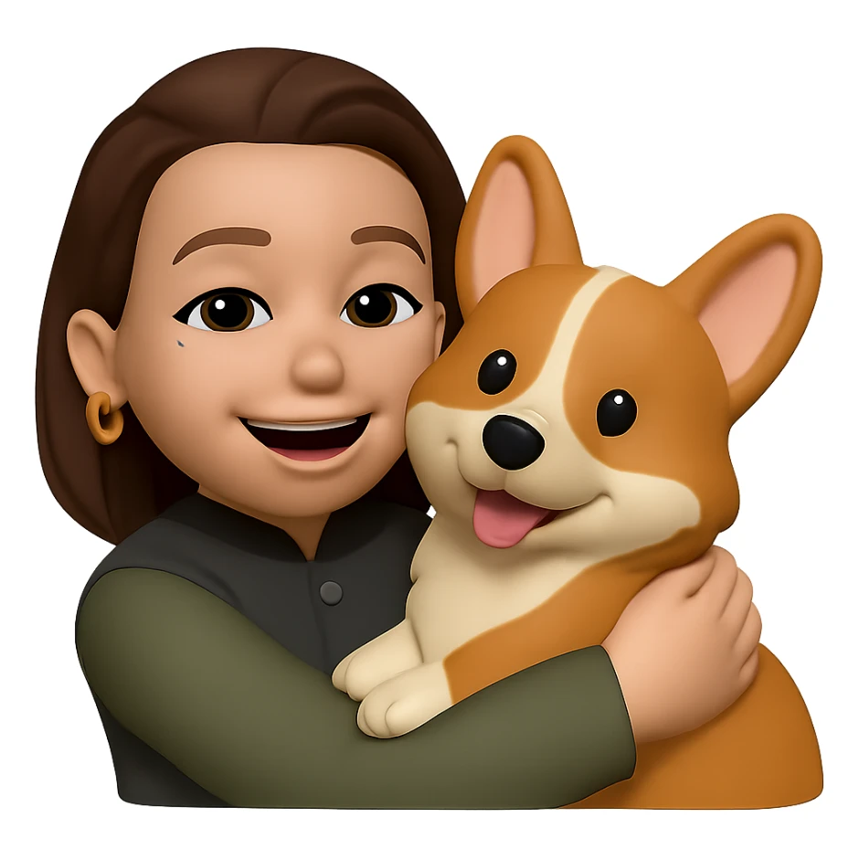add golden ring earrings to her ears while she is hugging a corgi dog, keep the same style sticker