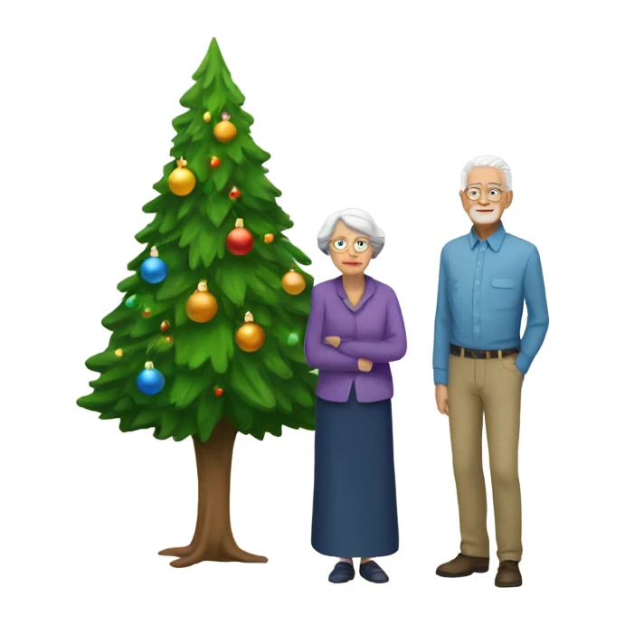Old man and old woman standing next to a Christmas tree sticker