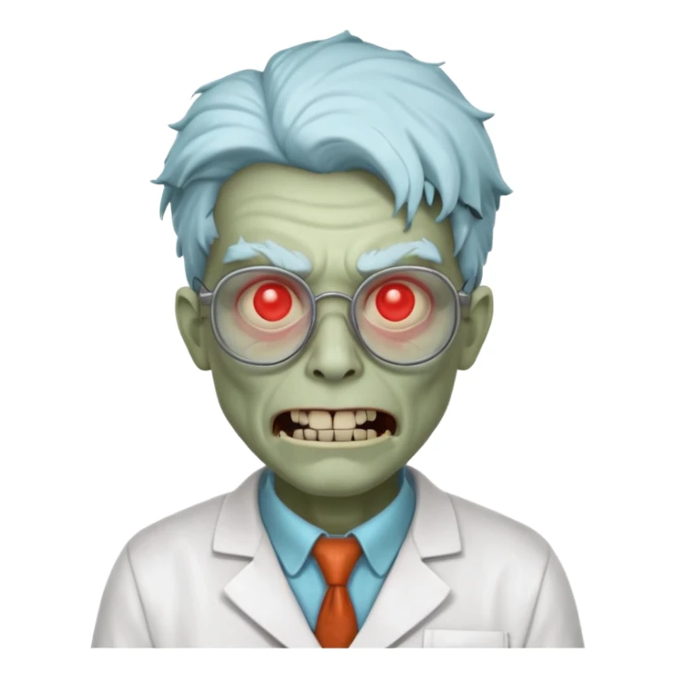 mad experiment zombie scientist portrait, head and shoulders only, exposed brain glow, broken glasses, evil grin, horror lab vibe, 3D cartoon, mobile game icon style, clean background, no text, no watermark
 sticker
