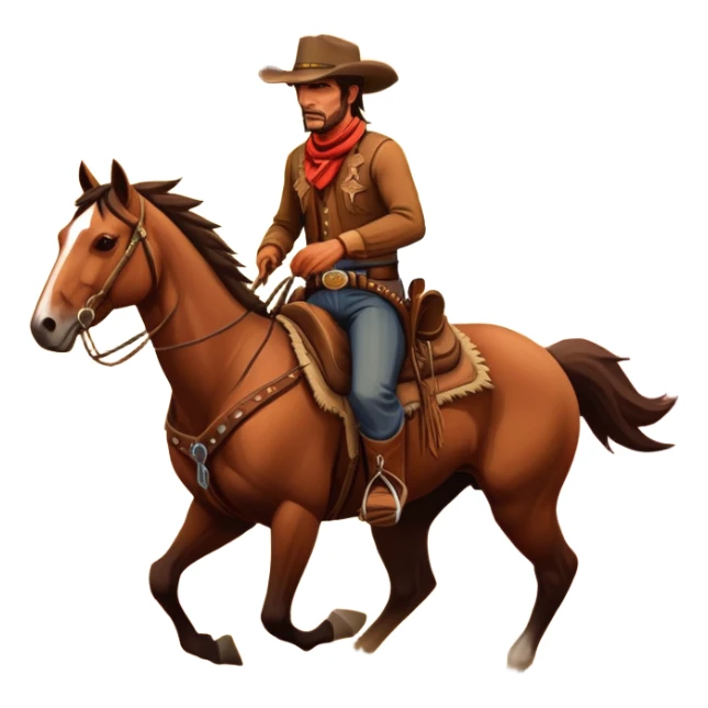 An icon representing an adventure game, inspired by Red Dead Redemption II. The design features a rugged cowboy riding a galloping horse across an open prairie, with towering mesas, cacti, and a golden sunset in the background. The atmosphere conveys freedom, action, and the thrill of the untamed frontier. Transparent background. sticker