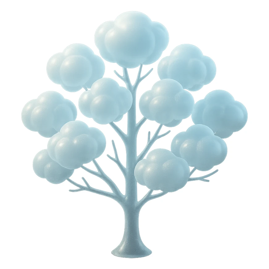 one tree with many branches and a white trunk, crown made of small very bright white fluffy convex clouds, matte glass style sticker