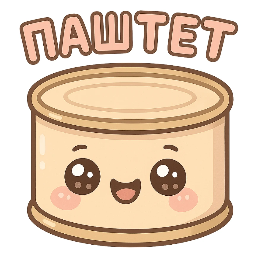 Chibi style cute pâté tin can character, big sparkling eyes, happy smiling face, tiny chubby proportions, kawaii emoji style, thick clean outline, simple shapes, soft pastel colors, flat illustration, transparent or white background, text on top saying "ПАСТЕТ" in bold cute Cyrillic letters, Twitch emote style, readable at small size sticker
