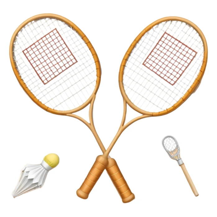 Two crossed badminton rackets with a shuttlecock resting in between, set against the faint outline of a badminton court. The image highlights the tools of the sport, with a subtle emphasis on the court's net and boundaries, symbolizing competition and skill. sticker