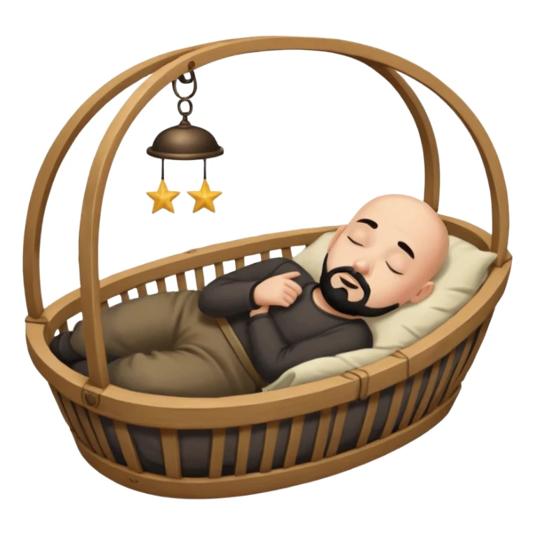 a bald man with a black goatee sleeping in a cradle sticker