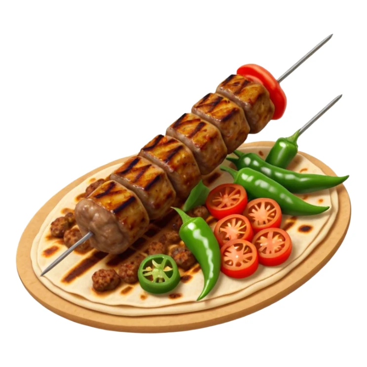 Adana kebab object icon, spicy grilled minced meat skewer, served on flatbread, grilled tomatoes and green peppers on the side, smoky char marks, juicy texture, 3D cartoon, mobile game icon style, centered, clean background, no text, no watermark
 sticker