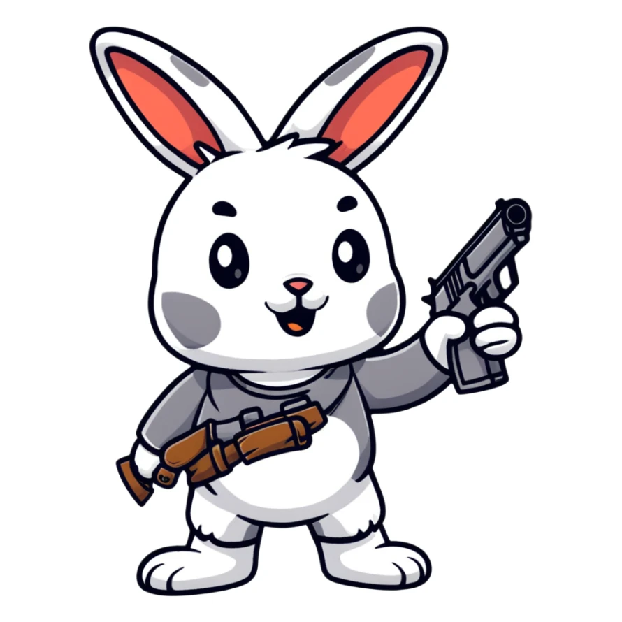 A cartoon rabbit holding and shooting with a gun sticker