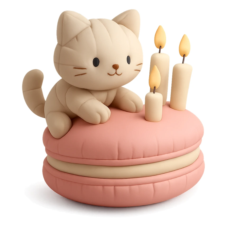 kitten riding giant macaron with candles, cushion style sticker