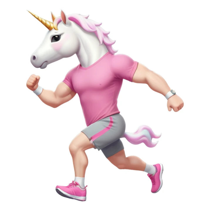 friendly anthropomorphised male white unicorn with a fit, chunky, muscular and strong physique, arms and legs matching the white of the head, in grey shorts and pink t-shirt, wearing dark sunglasses, jogging upright in a standard pose sticker