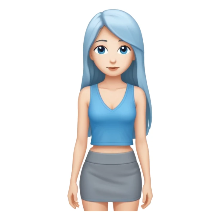 hyperrealistic caucasian, deep sky blue, long straight hair, white deep v-neck crop tanktop, gray tight mini skirt sticker