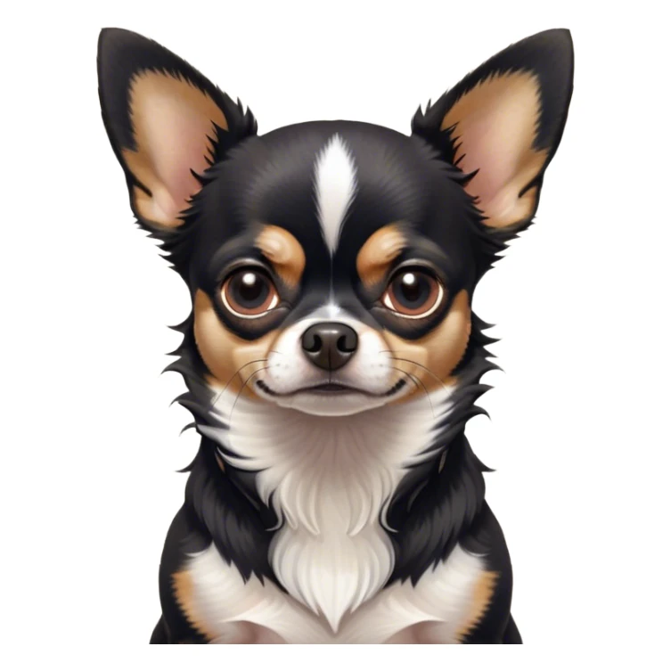 Cinematic Grumpy Black Tri Short Haired Chihuahua Portrait Emoji, Head tilted slightly with a deeply unimpressed expression, thick black tri-color fur with prominent white and tan patches, large, droopy dark eyes narrowed into an unamused glare, ears slightly drooping in exasperation, Simplified yet comically expressive features, highly detailed, glowing with a dry, sarcastic glow, high shine, effortlessly judgmental yet dignified, stylized with a touch of cynicism, bright but brooding, soft glowing outline, capturing the essence of an eternally unimpressed yet endearing pup, so lifelike it feels like it could sigh heavily at you in disdain at any moment! sticker