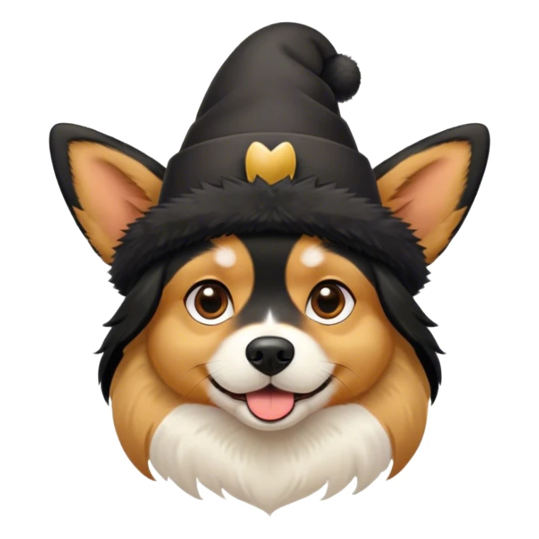 black and tan dog with pointy ears and hat sticker