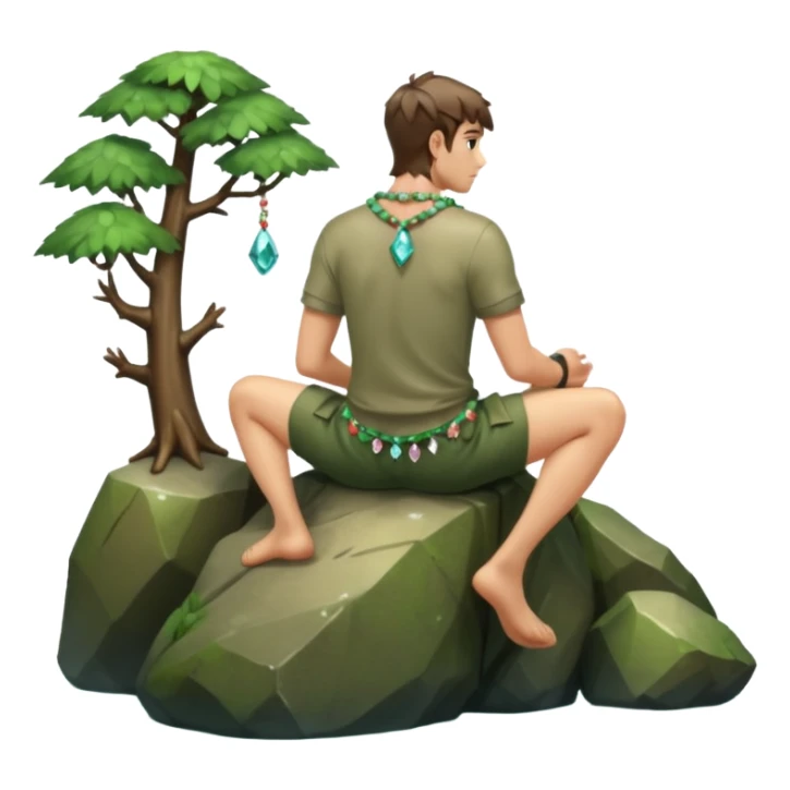 full body forest hunter man, from behind sitting on rock, wet back, crystal necklace visible sticker