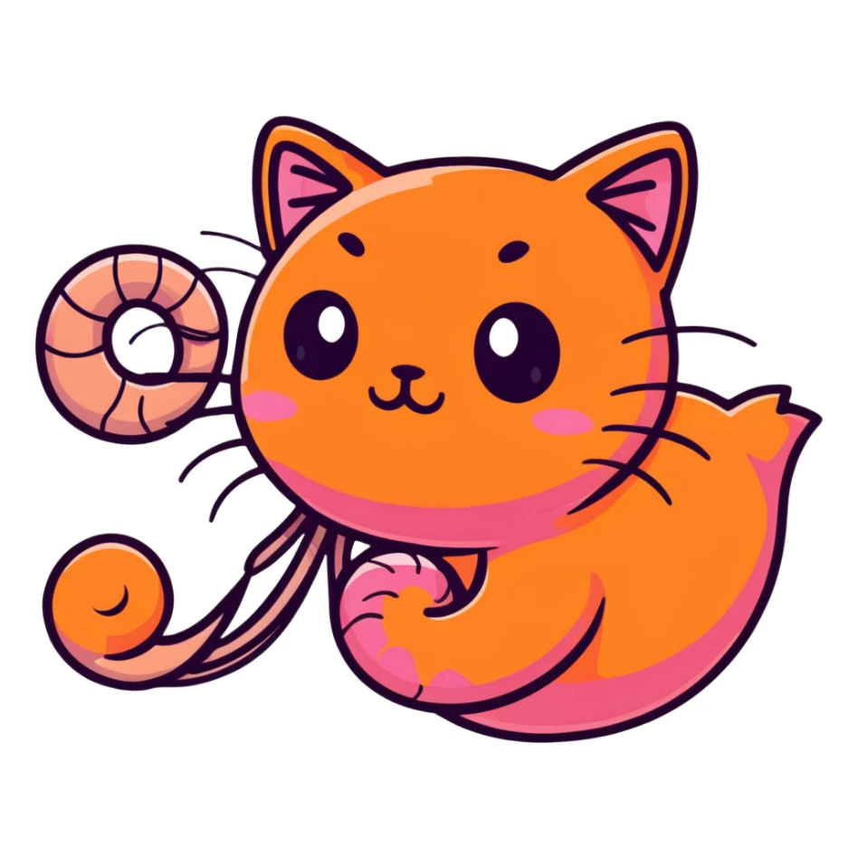 shrimp with a cat head, pink shrimp body with orange cat face sticker
