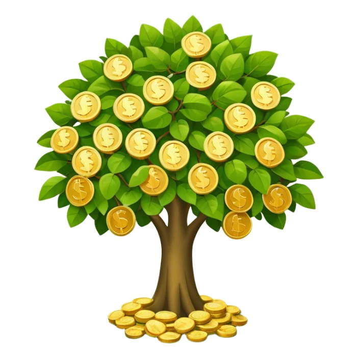Apple-style money tree, round soft green canopy.
No pot, no ground — only the tree.
Small gold coins as fruits inside the leaves (not below).
Flat 2D vector, clean shapes, no gradients.
Dark near-black background, premium fintech icon. sticker