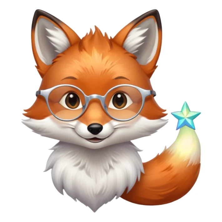 A gentle fox with iridescent fur, a glowing tail, a silver star on its forehead, and round glasses, smiling softly with closed, happy eyes sticker