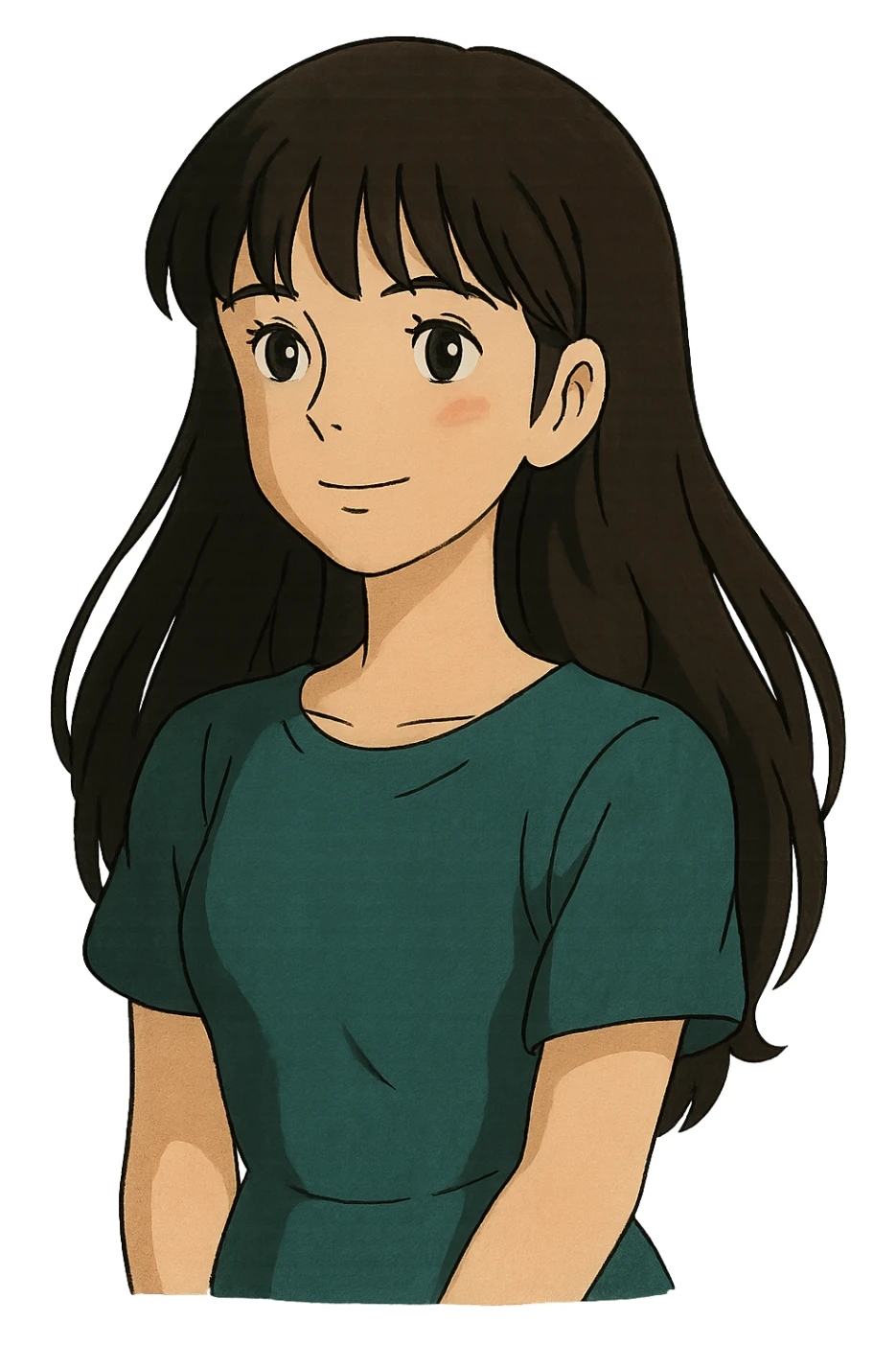 chica morena linda con cabello largo y fleco, ghibli style sticker