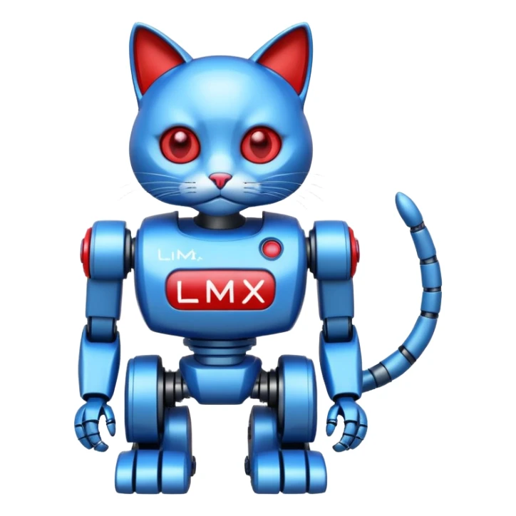 generate robot cat, glossy, realstic, red and blue color, add text on chest "LMX" sticker