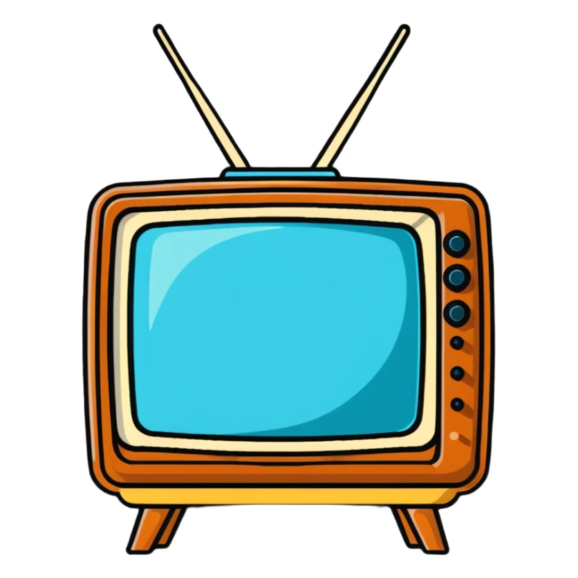 Retro TV set from the 1970s with antenna and wooden frame sticker