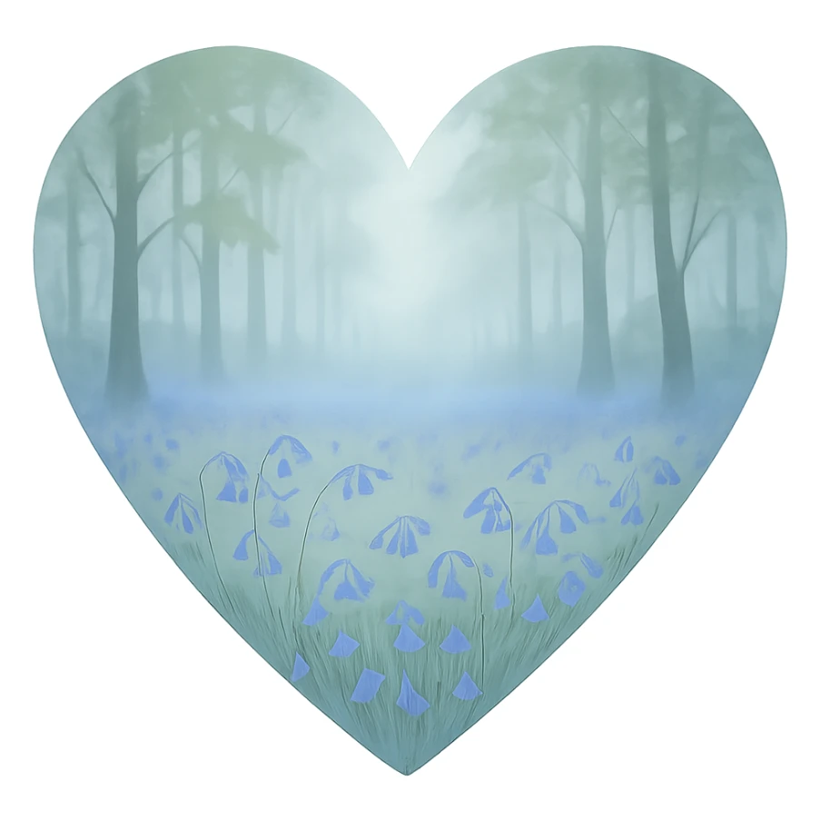 heart with a misty morning bluebell wood, clean digital illustration sticker